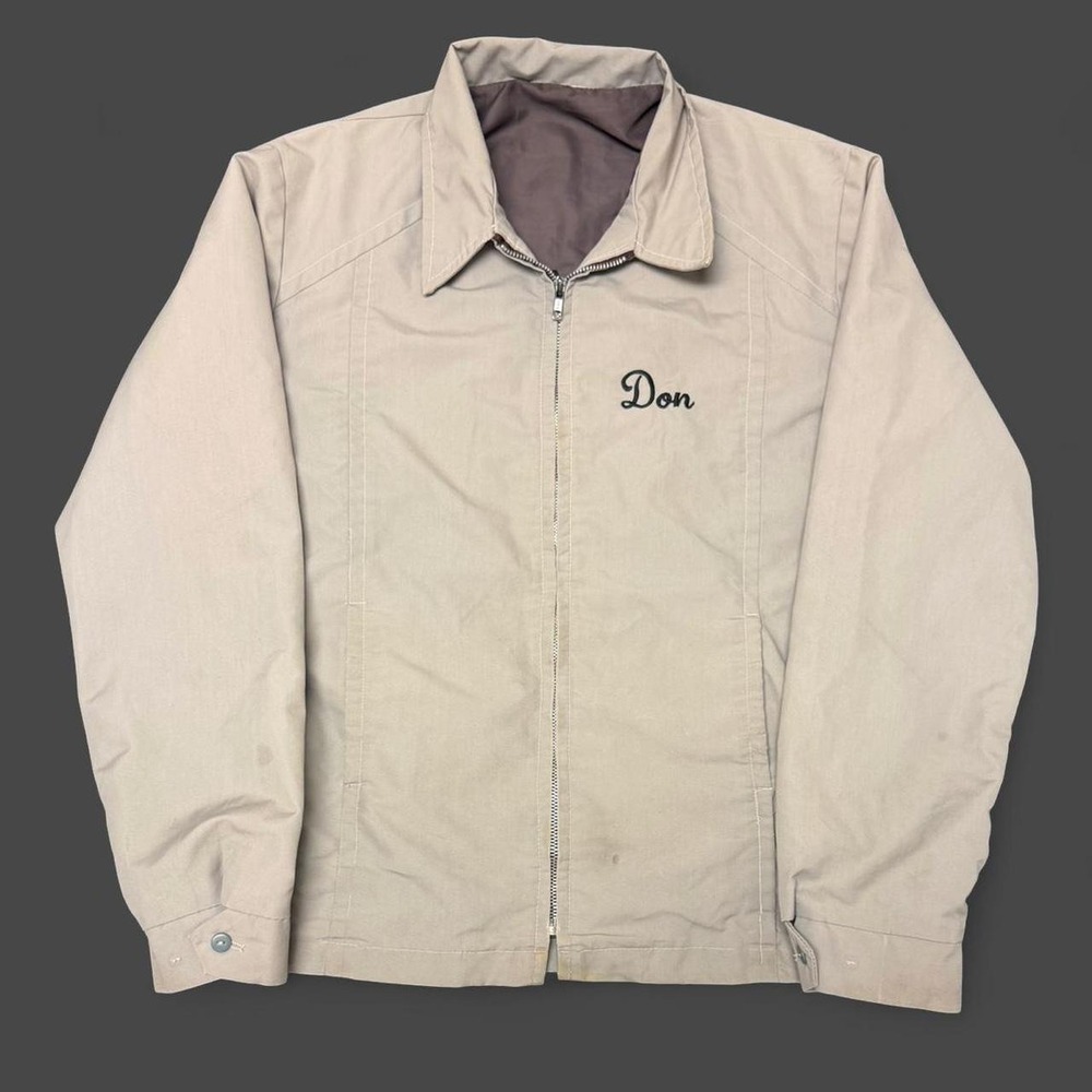 Vintage 70s McCann Murdoch Auction Service Work Jacket Zip Up Tan Grey Mens L
